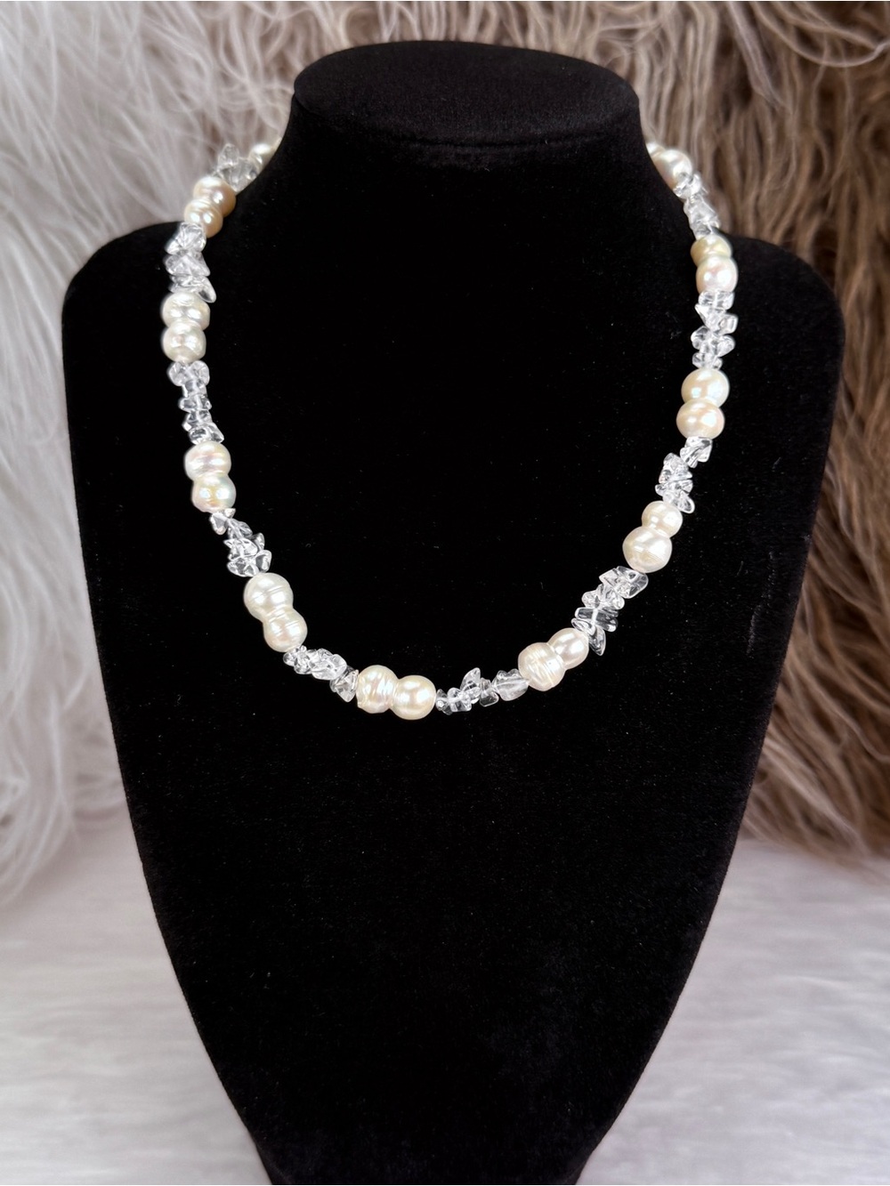 White Bead & Clear Chip Necklace Gold Tone